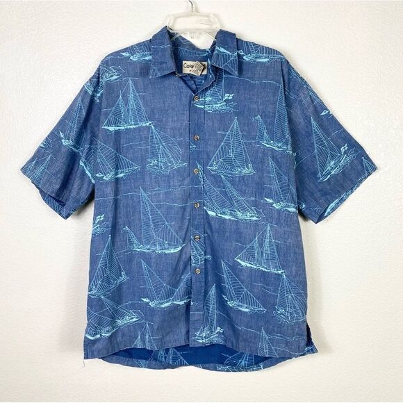 Cooke Street Honolulu Blue Sailboat Pattern Hawaiian Shirt - Picture 1 of 5